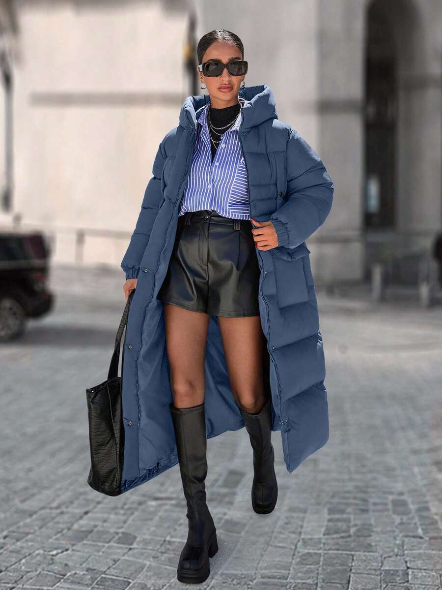 EURMUSE Long Padded Coat Keeping Warm With Big Two Pockets - Dusty Blue - View 1