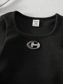 SHEIN 2 件 Babygirl 可爱休闲针织字母印花长袖上衣和松紧腰裤套装