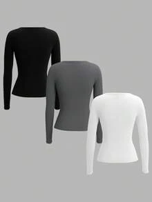 SHEIN EZwear 3 件装极简主义黑、白、灰色针织长袖 T 恤，大码女款，适合秋冬季 - 彩色 - 查看 2