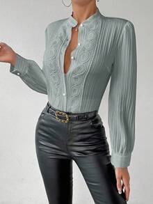 RosyDaze Áo sơ mi nữ xếp ly ren - Xám - Xem 4