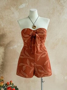 Soleia Macacão Plus Size Feminino de Férias, Carnaval de Verão, Viagem de Cruzeiro, Impressão de Silhueta em Aquarela Azul, Frente com Torção, Costas Abertas, Caimento Solto, Adequado para Festa, Encontro, Dia dos Namorados, Sobreposição - Castanho - Visão 3
