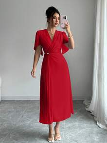 Vestido plisado elegante de cintura ceñida en unicolor de gasa - Rojo - Ver 5