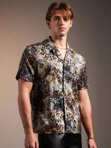 FeverCity Men's Leopard Print Single-Breasted Casual Short Sleeve Shirt - Multicolor - View 5