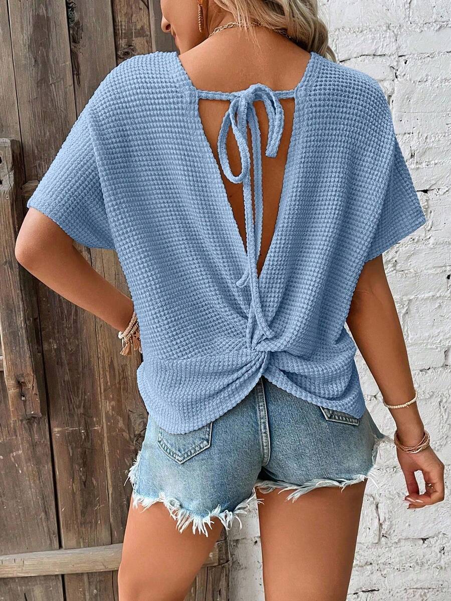 Chiquease Áo thun thường ngày bốt cổ ngắn tay dơi trơn màu dành cho nữ có thiết kế xoắn ở lưng - Màu xanh lam - Xem 1