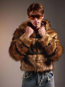 FeverCity 男士蓬松长袖连帽休闲仿皮草大衣，秋冬 - 咖啡棕 - 查看 5