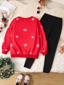 SHEIN 少女休闲家居服圣诞套装，包含一件宽松圆领长袖卫衣和一条修身蝴蝶结装饰黑色打底裤，图案为红色小鹿和雪花。 - 紅色 - 查看 3