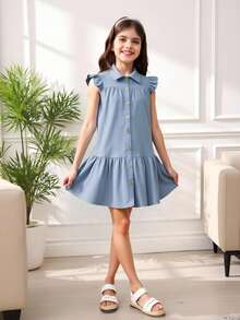 Tween Girls' Simple Solid Color Sleeveless Dress, Fashionable For Summer - Blue - View 7