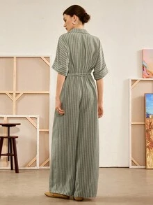 Florisole 女式条纹腰带口袋翻领短袖休闲连体裤