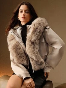 Anewsta 女式秋冬长袖短款仿毛领开衫 - 駝色 - 查看 1