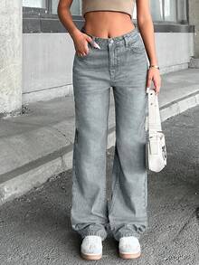 EURMUSE 100%Cotton WOMEN HIGH WAIST STRAIGH VINTAGE WASHING JEANS - Baby Blue - View 5