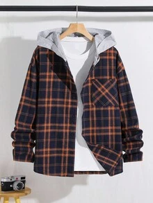 SHEIN Felpa con cappuccio casual a quadri per ragazzi adolescenti, con spalle a caduta e colore a contrasto, versatile e adatta per Natale, casa, pendolarismo, scuola, uso casual quotidiano, viaggi, feste all'aperto, sport, feste, autunno/inverno