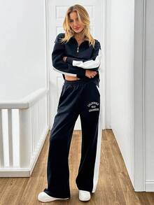 EURMUSE Contrast Embroidered Piping Detailed Hoodie With Side Stripe Bottom Tracksuit Two-Pieces Set - Navy Blue - View 5