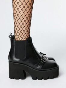 ROMWE Goth 哥特风格方头金属扣粗跟朋克靴，PU黑色高跟靴适合派对、日常穿着、晚礼服、增高修腿、万圣节 - 黑色 - 查看 4