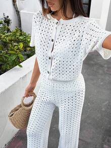 EURMUSE 2pcs/Set Summer Thin Hollow Out Knitted Top And Pants Cover Up - White - View 3