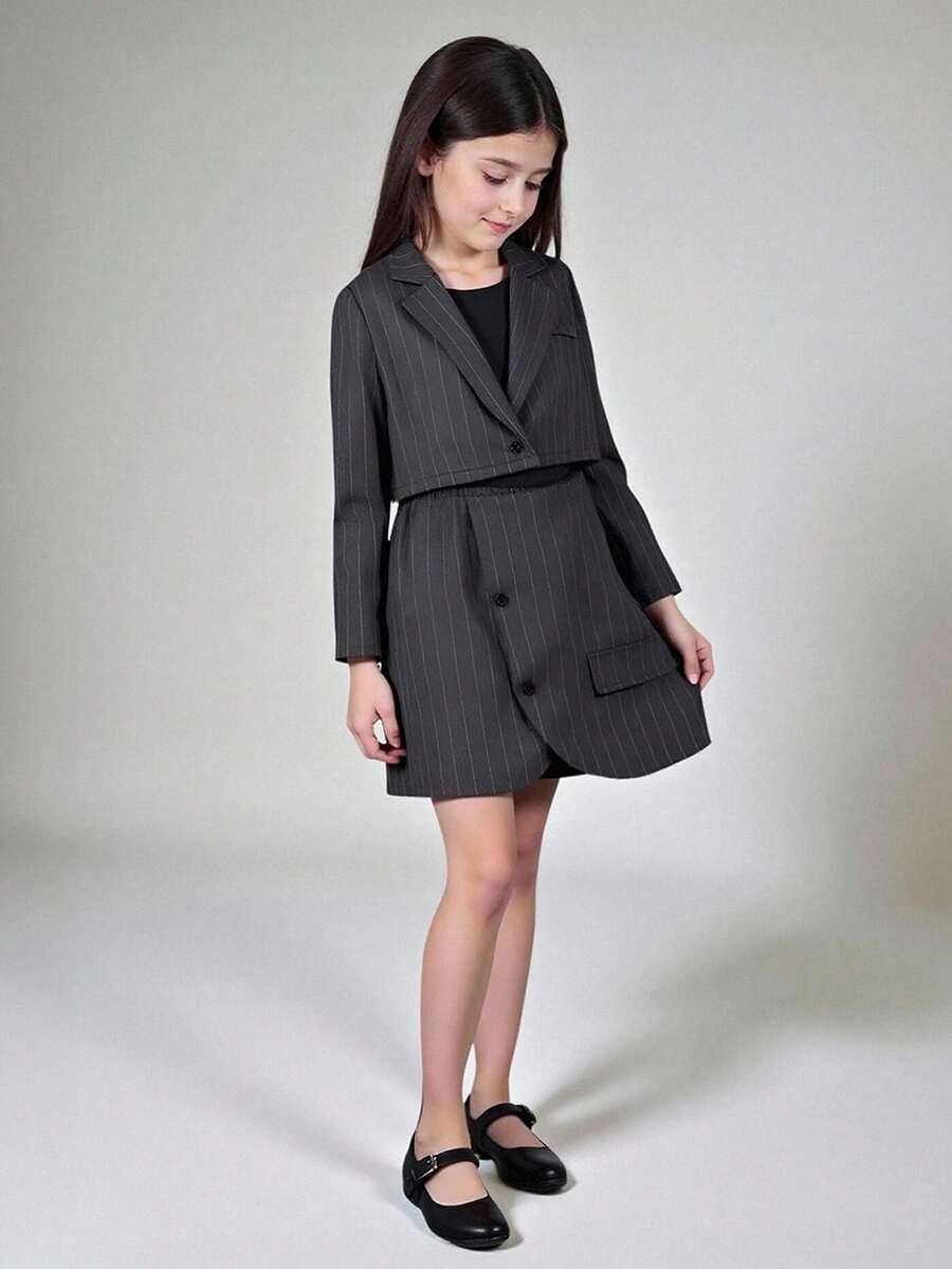 Ontre Set de blazer con cuello con muesca a rayas y minifalda para niña preadolescente
