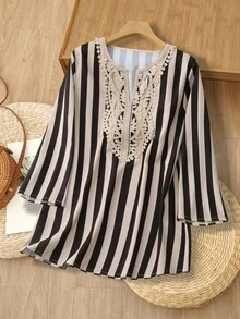 Rusticease 女士撞色蕾丝条纹V领宽松时尚衬衫，女士秋冬上衣，休闲女士感恩节上衣 - 彩色 - 查看 3