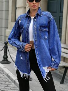 EURMUSE 女士简约日常蓝色长袖牛仔夹克 - 寶藍色 - 查看 4