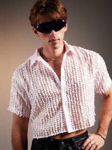 FeverCity 男士休闲镂空纽扣短衬衫 - 粉色 - 查看 6