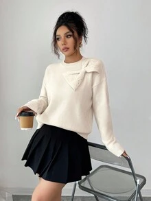 Elenzga 女士宽松休闲圆领亮片蝴蝶结装饰纯色毛衣 - 杏色 - 查看 8