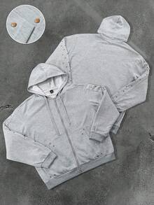Manfinity Roghcode 男士街头时尚和嘻哈风格连帽卫衣，修身针织拉链连帽卫衣，针织运动夹克，铆钉和拉链装饰，独特口袋设计，简约风格，实用，街头文化，年轻休闲舒适，简约时尚，节日礼物，男女通用 - 淺灰色 - 查看 1