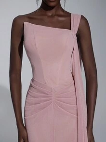 Elitara Elegant Fashionable Lotus Root Pink Knitted Lurex Off-Shoulder Asymmetric Neckline Ruched Waist Mermaid Hem Flare Sleeve Women's Evening Gown, Party Dress,Dress - Dusty Pink - View 7