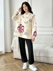 少女返校休闲运动街头服饰两件套，宽松超大连帽运动衫，卡通心形花朵和英文标语印花，针织慢跑裤，适合秋冬穿着