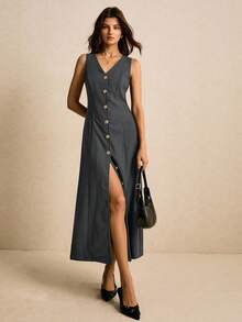 Poéselle Damska sukienka w jednolitym kolorze z dekoltem w serek, bez rękawów i szerokimi ramiączkami, elegancka