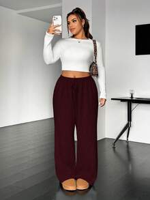SHEIN EZwear Plus Size Casual Drawstring Waist Loose Straight Leg Pants - Burgundy - View 3