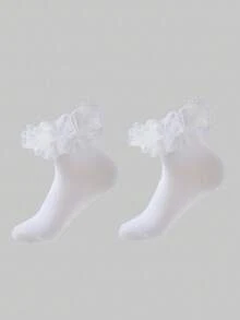 ROMWE Kawaii 2 Pairs Silver Lace, White Lace, Ruffle Trim, Frill Edged - Multicolor - View 2