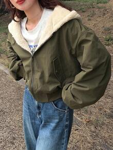 FRIFUL 女士橄榄绿连帽毛绒外套，带拉链口袋和抽绳下摆，宽松休闲百搭保暖内衬外套，适合机场旅行和日常穿着，秋季保暖内衬，冬季女士外套 - 綠色 - 查看 6
