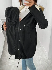 SHEIN 秋装，秋季服装，孕妇冬装孕妇休闲加厚连帽三合一夹克孕妇冬季外套冬季夹克加大码夹克女士外套 - 黑色 - 查看 7