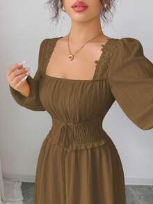 Elenzga Spring/Autumn New Cream Yellow French Design Puff Sleeve Patchwork Frill Trim Elegant High-Waist Slim Long Sleeve Dress - Brown - View 4