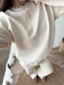 Sunnyshic 女士纯色圆领宽松落肩休闲百搭运动衫套装 - 杏色 - 查看 7