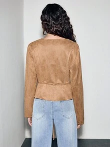 Lumivelle Chaqueta de manga larga con cintura ceñida, volantes en el bajo y textura de terciopelo para mujer en otoño/invierno - Caqui - Ver 2