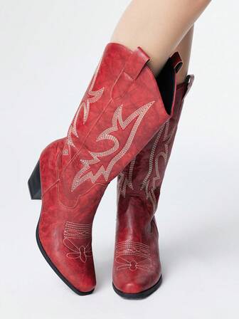 Fairycore Botas vaqueras para mujer, nuevas botas casuales de moda para exteriores con estilo occidental bordado de imitación, parte superior, tacón grueso, botas hasta la pantorrilla, primavera/otoño