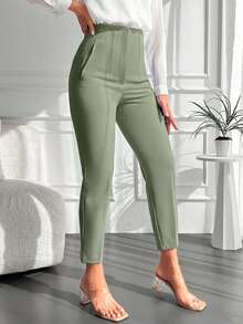 Pantaloni eleganti a vita alta, a forma conica, in tessuto elasticizzato, crop, di colore unito, adatti per l'uso quotidiano