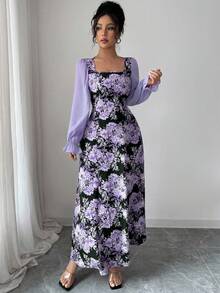 Modelyn 女式方领泡泡袖收腰飘逸连衣裙，花卉印花，优雅度假装 - 彩色 - 查看 5