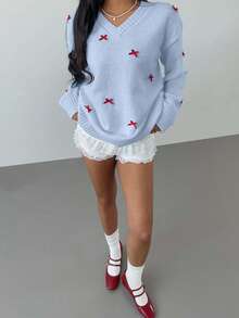 EURMUSE Quần áo mùa thu cho nữ; Cổ chữ V; Áo len cổ chữ V màu trắng dễ thương cho Giáng sinh có nơ đỏ trang trí, Thu/Đông; Trang phục Lễ Tạ ơn cho nữ - Màu xanh nhạt - Xem 2