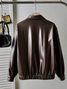 SHEIN 少女休闲百搭复古街头棕色皮夹克，翻领设计，适合上学、通勤、旅行等场合，可搭配长袖毛衣、背心、连帽衫、裤子、牛仔裤、运动裤等，秋冬季穿着舒适。 - 棕色 - 查看 2