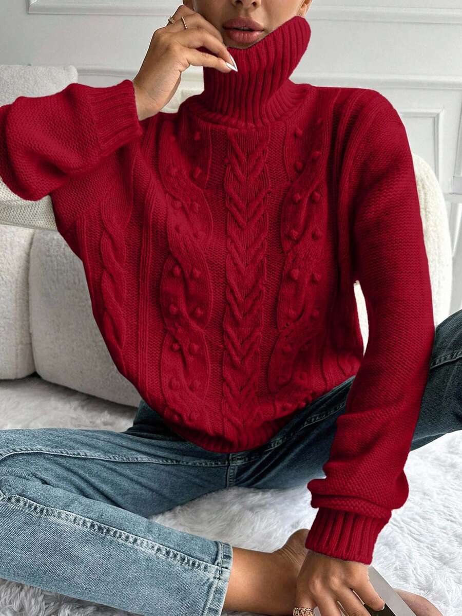 EURMUSE Women's Solid Color High Neck Knitted Casual Cable Knit Pullover Sweater - Merah - View 1