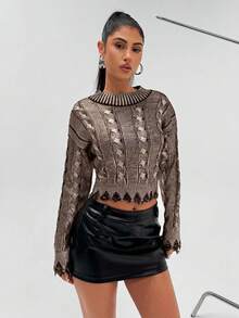 EURMUSE Women's Autumn Round Neck Drop Shoulder Long Sleeve Cropped Fashionable Metallic Embossed Cable Knit Pullover Sweater,Jumper,Cream Jumper,Jumpers,Christmas Jumper,White Jumper,Black Jumper,Ladies Jumper,Women's Jumpers - Brown - View 3