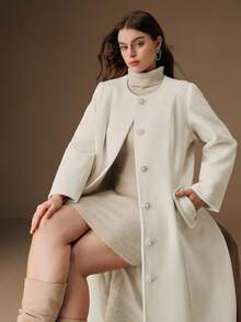 Anewsta Women's Elegant Vintage Christmas Date Night Round Neck Pearl Button Solid Color Waist Flared Long Wool Coat, Plus Size