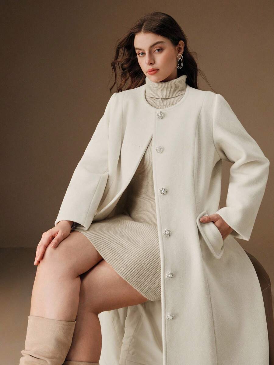 Anewsta Women's Elegant Vintage Christmas Date Night Round Neck Pearl Button Solid Color Waist Flared Long Wool Coat, Plus Size