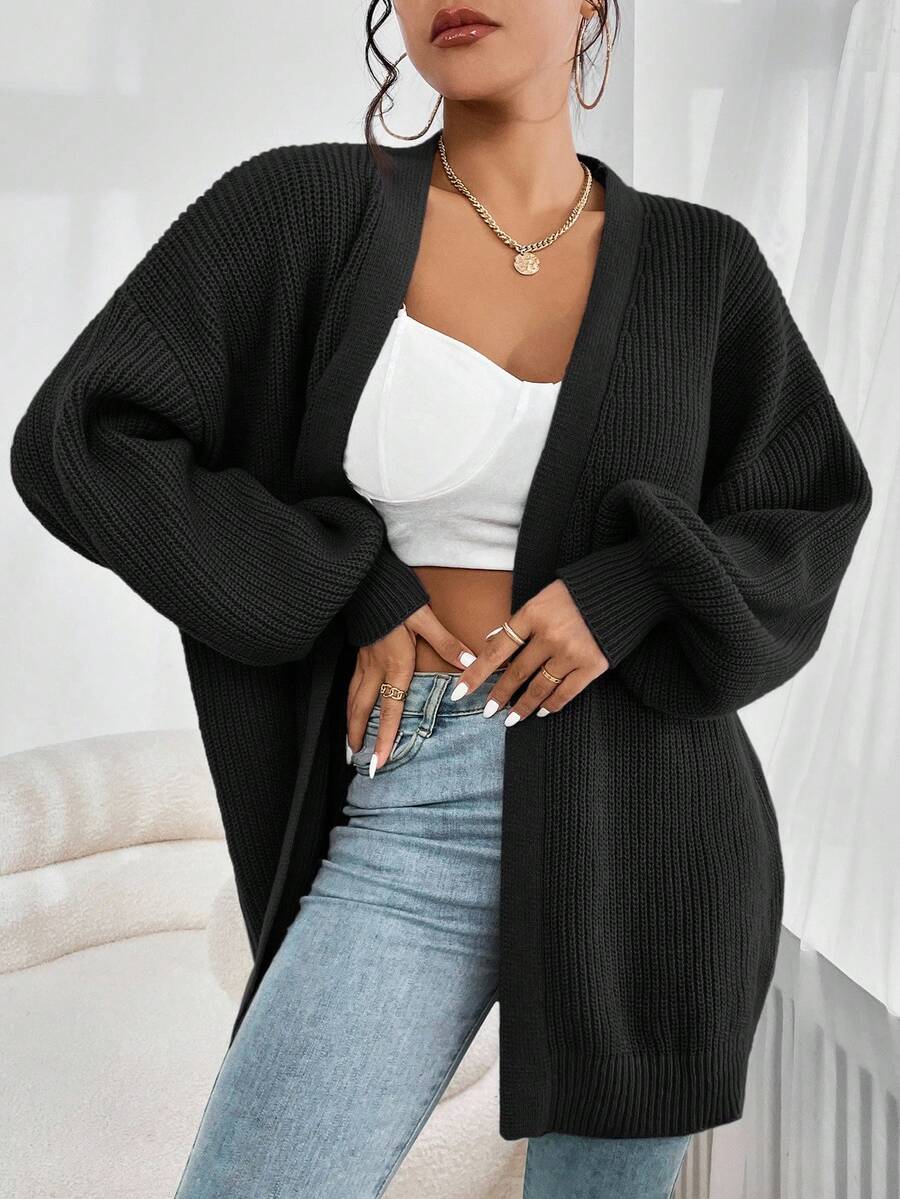 SHEIN EZwear Plus Size Casual Drop Shoulder Ribbed Knit Black Cardigan, Versatile For Autumn/Winter - Black - View 1