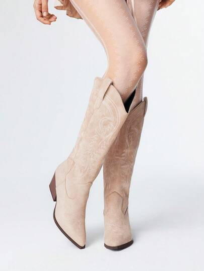 Fairycore Stivali alla caviglia da donna con punta affusolata, tacco largo, ricamati, per l'autunno/inverno, stivali western  con suola antiscivolo, di moda per l'esterno