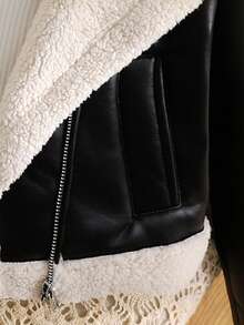 SHEIN Kurtka-płaszcz dla dziewcząt w stylu casual street chic w stylu motocyklowym z metalowym zamkiem błyskawicznym, z podszewką z poliuretanu, z polaru kompozytowego, z krótkim rękawem i klapami, ze sztucznego futra, w kolorze czarnym, na jesień/zimę