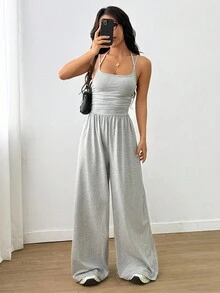 Flirla Tall 女式休闲百褶宽松直筒连体裤，春夏 - 淺灰色 - 查看 4