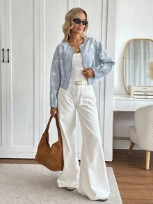 SHEIN LUNE 女士休闲宽松拉链飞行员夹克，采用条纹提花纹理面料，适合通勤休闲短款西装外套，秋冬季夏季西装外套 - 藍白色 - 查看 6