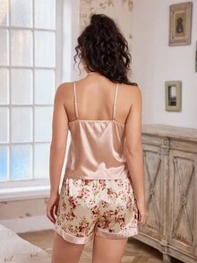 CottageSlumber Conjunto de pijama de camiseta de tirantes de unicolor y pantalones cortos con estampado floral para mujer - Multicolor - Ver 3