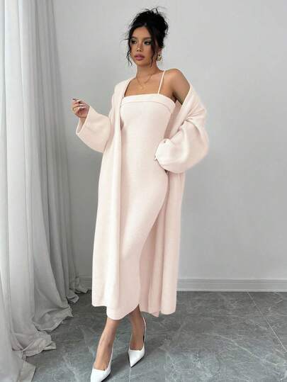 Rafferiza 2 件男士纯色细肩带简约连衣裙配长袖夹克休闲套装长袍大码长款毛衣连衣裙拉长长袍保暖连衣裙超长毛衣连衣裙